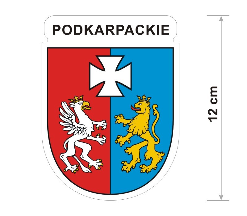 Wodoodporna naklejka z herbem województwa podkarpackiego o wysokości 12 cm. Na górze napis: Podkarpackie.