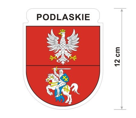 Wodoodporna naklejka z herbem województwa podlaskiego o wysokości 12 cm. Na górze napis: Podlaskie.