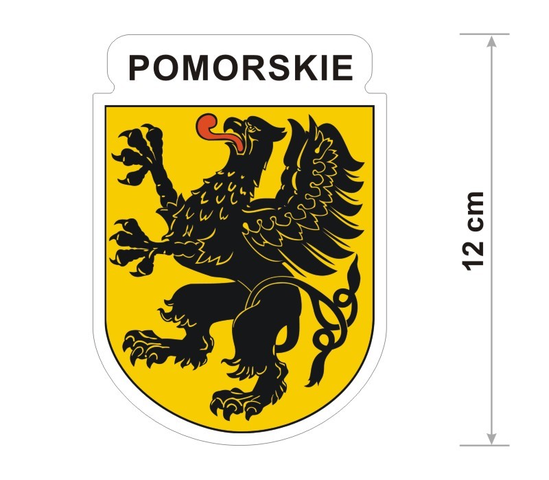 Wodoodporna naklejka z herbem województwa pomorskiego o wysokości 12 cm. Na górze napis: Pomorskie.