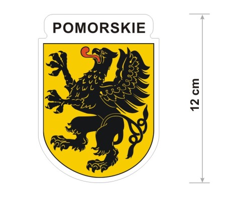 Wodoodporna naklejka z herbem województwa pomorskiego o wysokości 12 cm. Na górze napis: Pomorskie.