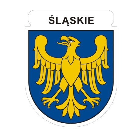 Naklejka z herbem województwa śląskiego i napisem Śląskie. Naklejka jest wodoodporna, z białą obwódką.