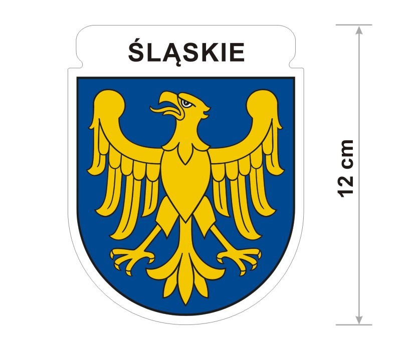 Wodoodporna naklejka z herbem województwa śląskiego o wysokości 12 cm. Na górze napis: Śląskie.