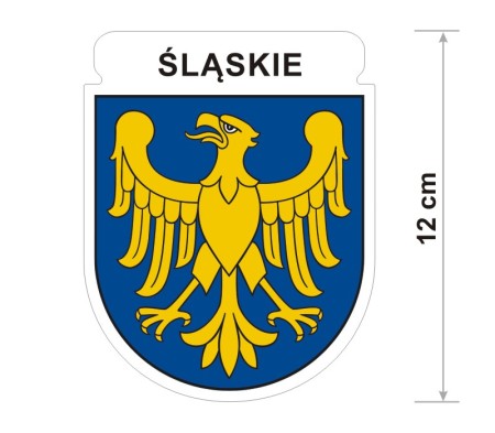 Wodoodporna naklejka z herbem województwa śląskiego o wysokości 12 cm. Na górze napis: Śląskie.