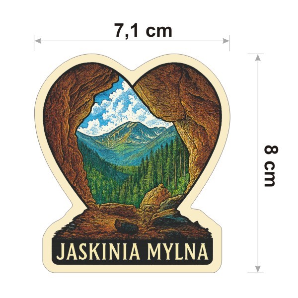 Wysoka na 8 cm, wodoodporna naklejka Jaskinia Mylna dla miłośników wędrówek wysokogórskich w Tatrach. Na dole jest napis Jaskinia Mylna.