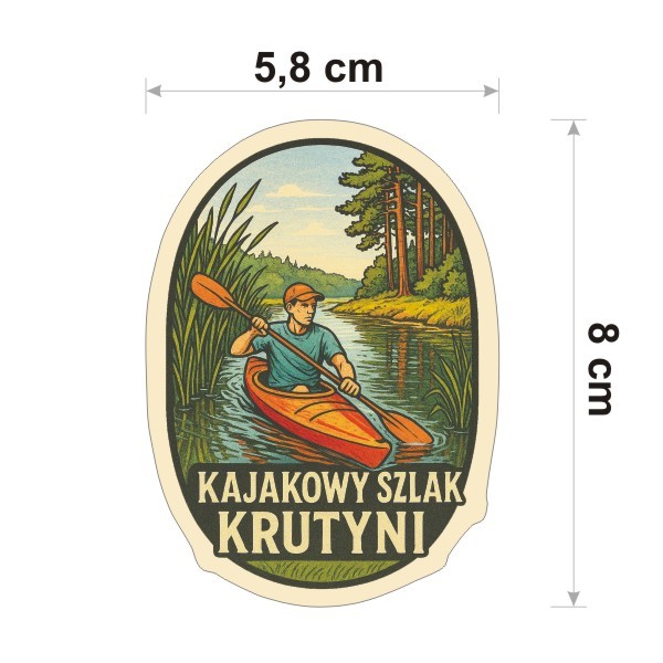 Wysoka na 8 cm, wodoodporna naklejka Kajakowy Szlak Krutyni dla miłośników spływów kajakowych. Na dole jest napis Kajakowy Szlak Krutyni.
