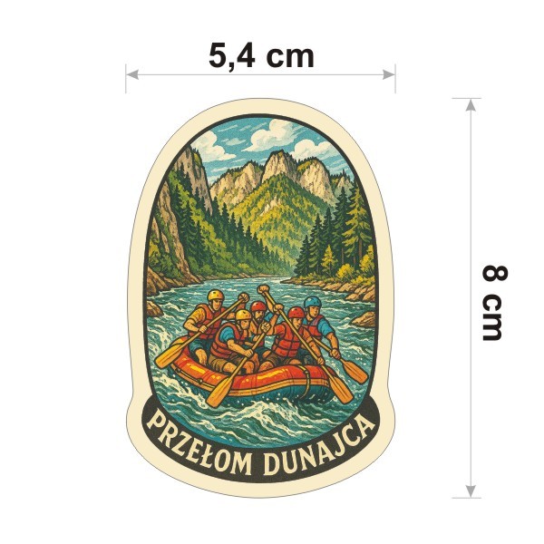 Wysoka na 8 cm, wodoodporna naklejka Przełom Dunajca z pontonem dla miłośników raftingu. Na dole jest napis Przełom Dunajca.