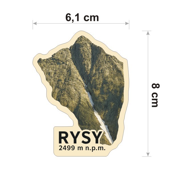 Wysoka na 8 cm, wodoodporna naklejka Rysy dla miłośników wędrówek wysokogórskich w Tatrach. Na dole jest napis Rysy 2499 m n.p.m.