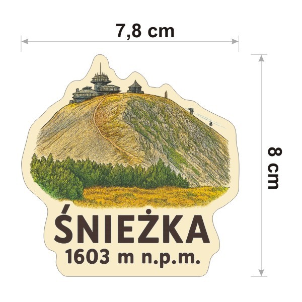 Wysoka na 8 cm, wodoodporna naklejka Śnieżka z bliska dla miłośników wędrówek górskich po Sudetach. Na dole jest napis Śnieżka 1603 m n.p.m.