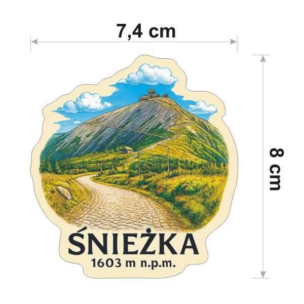 Wysoka na 8 cm, wodoodporna naklejka Śnieżka ze szlakiem dla miłośników wędrówek górskich po Sudetach. Na dole jest napis Śnieżka 1603 m n.p.m.