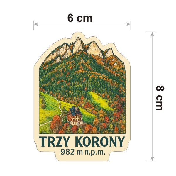 Wysoka na 8 cm, wodoodporna naklejka Trzy Korony ze schroniskiem dla miłośników wędrówek górskich po Pieninach. Na dole jest napis Trzy Korony 982 m n.p.m.