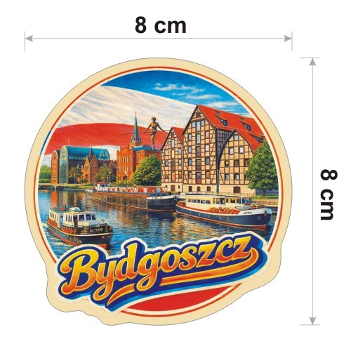 Kolorowa, wodoodporna naklejka o średnicy 8 cm. Naklejka przedstawia kilka elementów Bydgoszczy, flagę Polski w tle i napis Bydgoszcz.