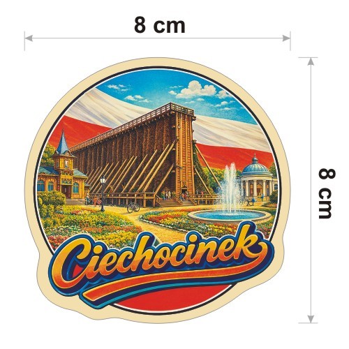 Kolorowa, wodoodporna naklejka o średnicy 8 cm. Naklejka przedstawia kilka elementów Ciechocinka, flagę Polski w tle i napis Ciechocinek.