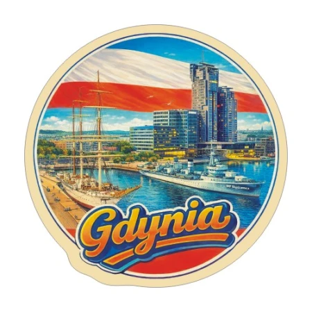 Naklejka Gdynia z symbolami tego miasta, napisem Gdynia i flagą Polski w tle. Naklejka jest wodoodporna, okrągła i kolorowa z kremową obwódką.