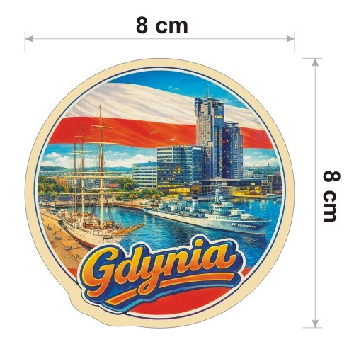 Kolorowa, wodoodporna naklejka o średnicy 8 cm. Naklejka przedstawia kilka elementów Gdyni, flagę Polski w tle i napis Gdynia.