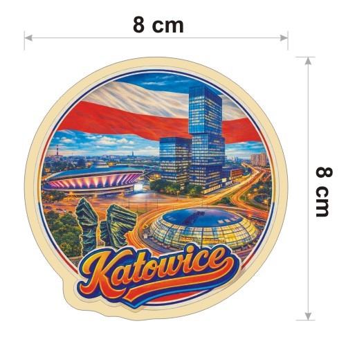 Kolorowa, wodoodporna naklejka o średnicy 8 cm. Naklejka przedstawia kilka elementów Katowic, flagę Polski w tle i napis Katowice.