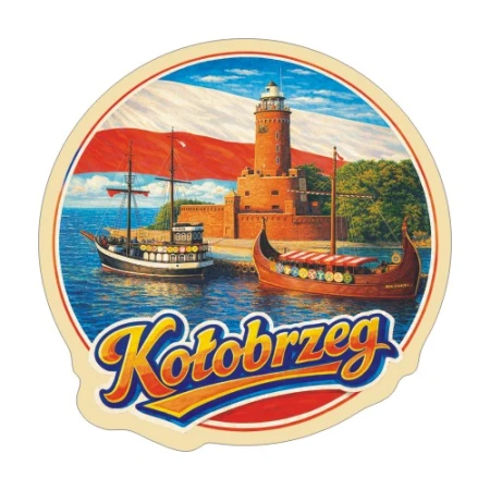 Naklejka Kołobrzeg z symbolami tego miasta, napisem Kołobrzeg i flagą Polski w tle. Naklejka jest wodoodporna, okrągła i kolorowa z kremową obwódką.