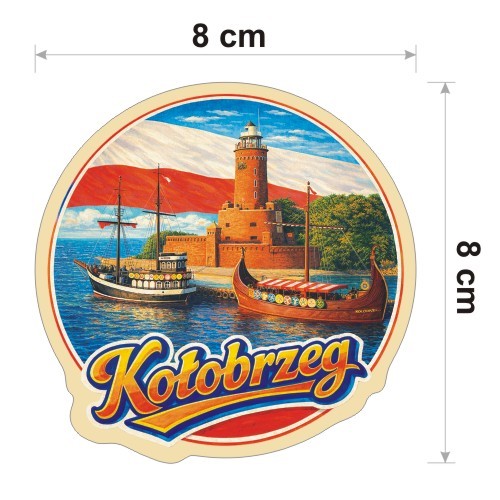 Kolorowa, wodoodporna naklejka o średnicy 8 cm. Naklejka przedstawia kilka elementów Kołobrzegu, flagę Polski w tle i napis Kołobrzeg.