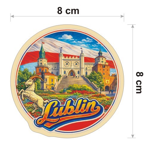 Kolorowa, wodoodporna naklejka o średnicy 8 cm. Naklejka przedstawia kilka elementów Lublina, flagę Polski w tle i napis Lublin.
