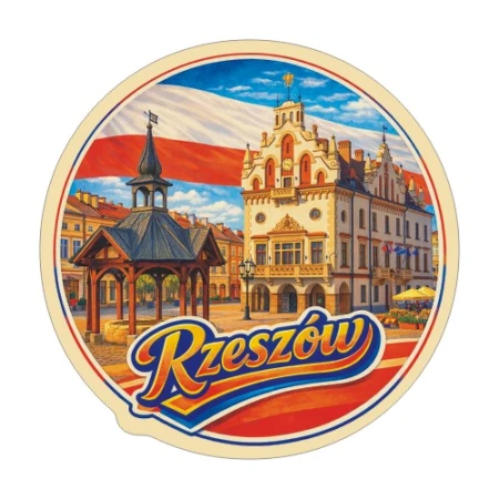 Naklejka Rzeszów z symbolami tego miasta, napisem Rzeszów i flagą Polski w tle. Naklejka jest wodoodporna, okrągła i kolorowa z kremową obwódką.