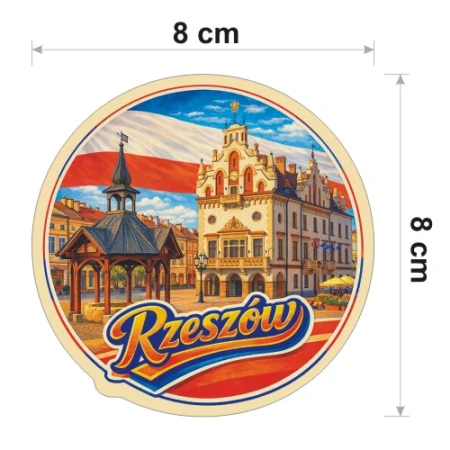 Kolorowa, wodoodporna naklejka o średnicy 8 cm. Naklejka przedstawia kilka elementów Rzeszowa, flagę Polski w tle i napis Rzeszów.