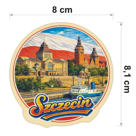Kolorowa, wodoodporna naklejka o średnicy 8 cm. Naklejka przedstawia kilka elementów Szczecina, flagę Polski w tle i napis Szczecin.