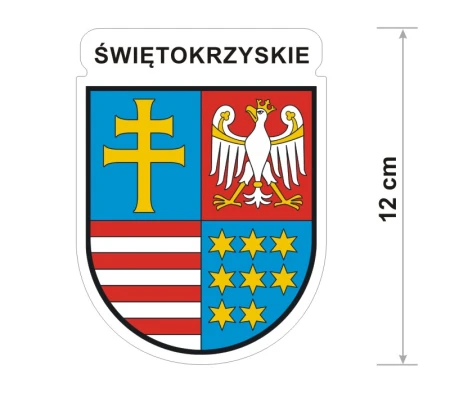 Wodoodporna naklejka z herbem województwa świętokrzyskiego o wysokości 12 cm. Na górze napis: Świętokrzyskie.