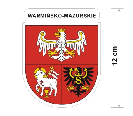 Wodoodporna naklejka z herbem województwa warminsko-mazurskiego o wysokości 12 cm. Na górze napis: warminsko-mazurskie.