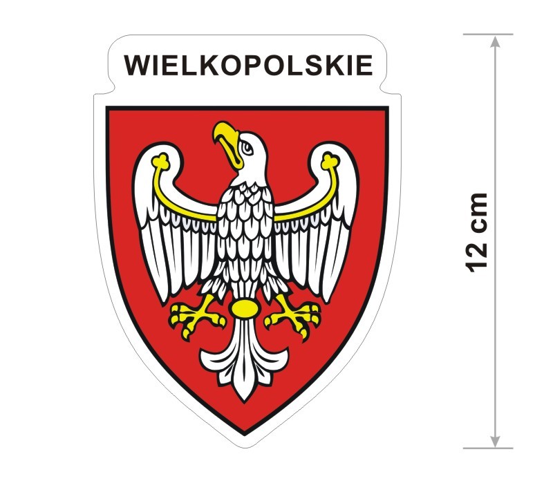 Wodoodporna naklejka z herbem województwa wilekopolskiego o wysokości 12 cm. Na górze napis: Wielkopolskie.