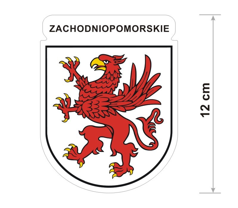 Wodoodporna naklejka z herbem województwa zachodniopomorskiego o wysokości 12 cm. Na górze napis: Zachodniopomorskie.