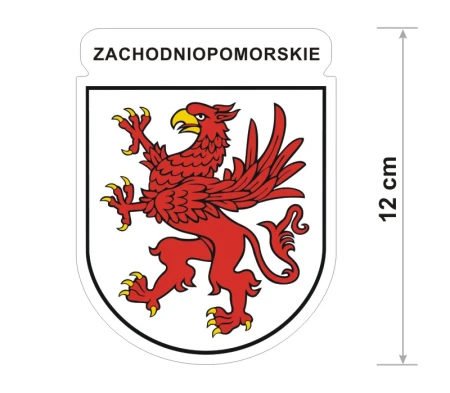 Wodoodporna naklejka z herbem województwa zachodniopomorskiego o wysokości 12 cm. Na górze napis: Zachodniopomorskie.
