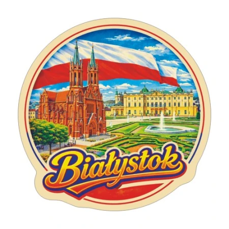 Naklejka Białystok z symbolami tego miasta, napisem Białystok i flagą Polski w tle. Naklejka jest wodoodporna, okrągła i kolorowa z kremową obwódką.