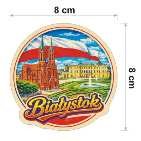 Kolorowa, wodoodporna naklejka o średnicy 8 cm. Naklejka przedstawia kilka elementów Białegostoku, flagę Polski w tle i napis Białystok.