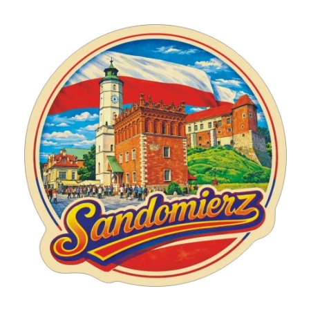 Naklejka Sandomierz z symbolami tego miasta, napisem Sandomierz i flagą Polski w tle. Naklejka jest wodoodporna, okrągła i kolorowa z kremową obwódką.