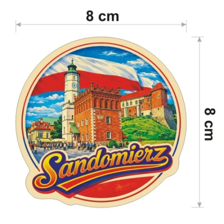 Kolorowa, wodoodporna naklejka o średnicy 8 cm. Naklejka przedstawia kilka elementów Samdomierza, flagę Polski w tle i napis Sandomierz.