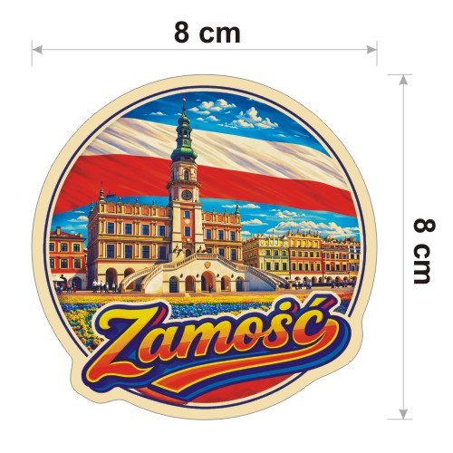 Kolorowa, wodoodporna naklejka o średnicy 8 cm. Naklejka przedstawia kilka elementów Zamościa, flagę Polski w tle i napis Zamość.